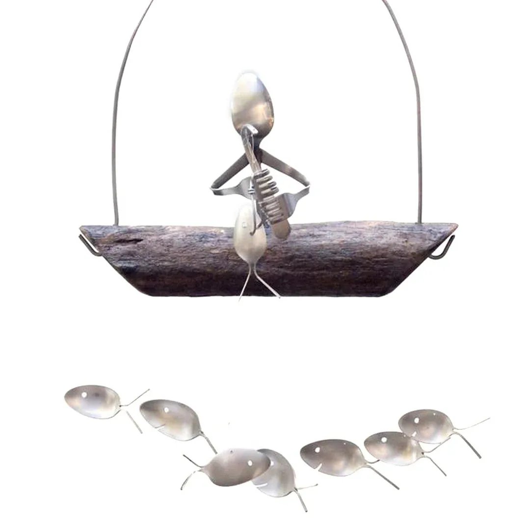 Handgefertigte Fischer Mann Löffel Fisch Skulptur Windspiel