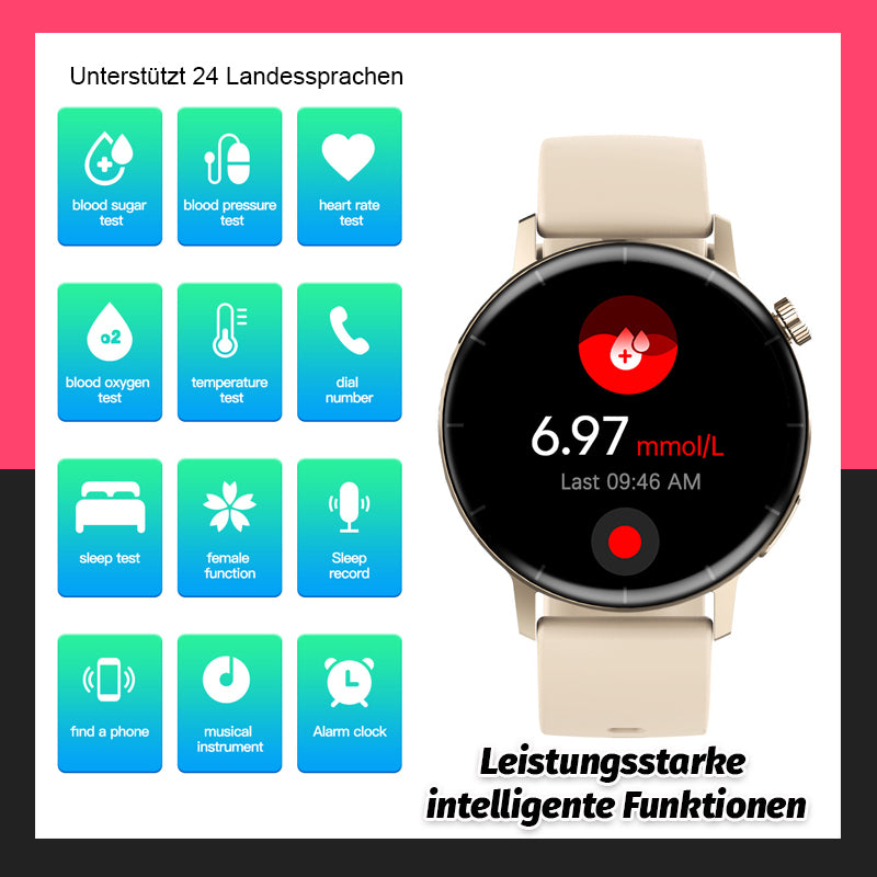 Herzfrequenz- und Blutzuckermessung, Sportuhr mit Bluetooth-Anruf