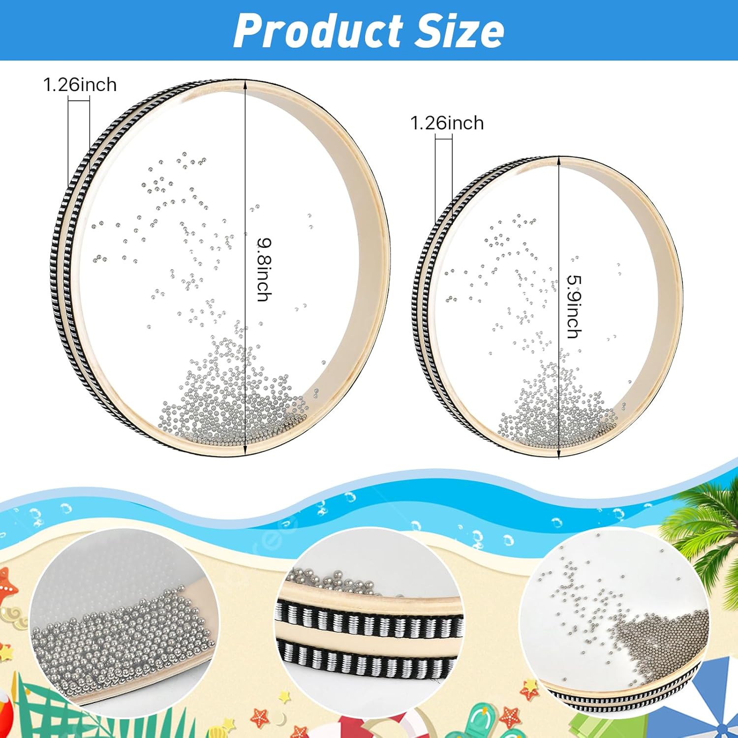 2 Stück Wellenperlen-Ozeantrommel Meeresklangtrommel mit Holzmuschel Musikinstrument Percussion für Schulbedarf zu Hause