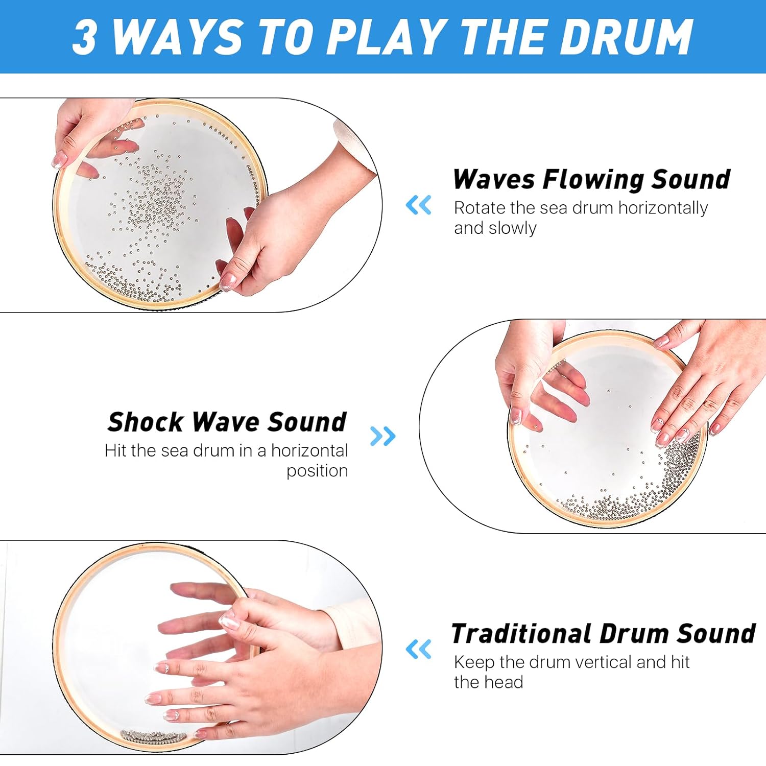 2 Stück Wellenperlen-Ozeantrommel Meeresklangtrommel mit Holzmuschel Musikinstrument Percussion für Schulbedarf zu Hause