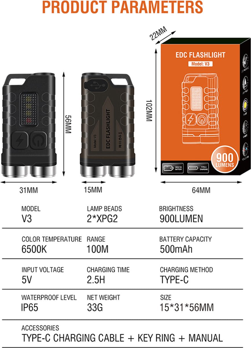 Multifunktions-Taschenlampe 900 Lumen - USB C - 12 Lichtmodi