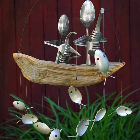 Handgefertigte Fischer Mann Löffel Fisch Skulptur Windspiel