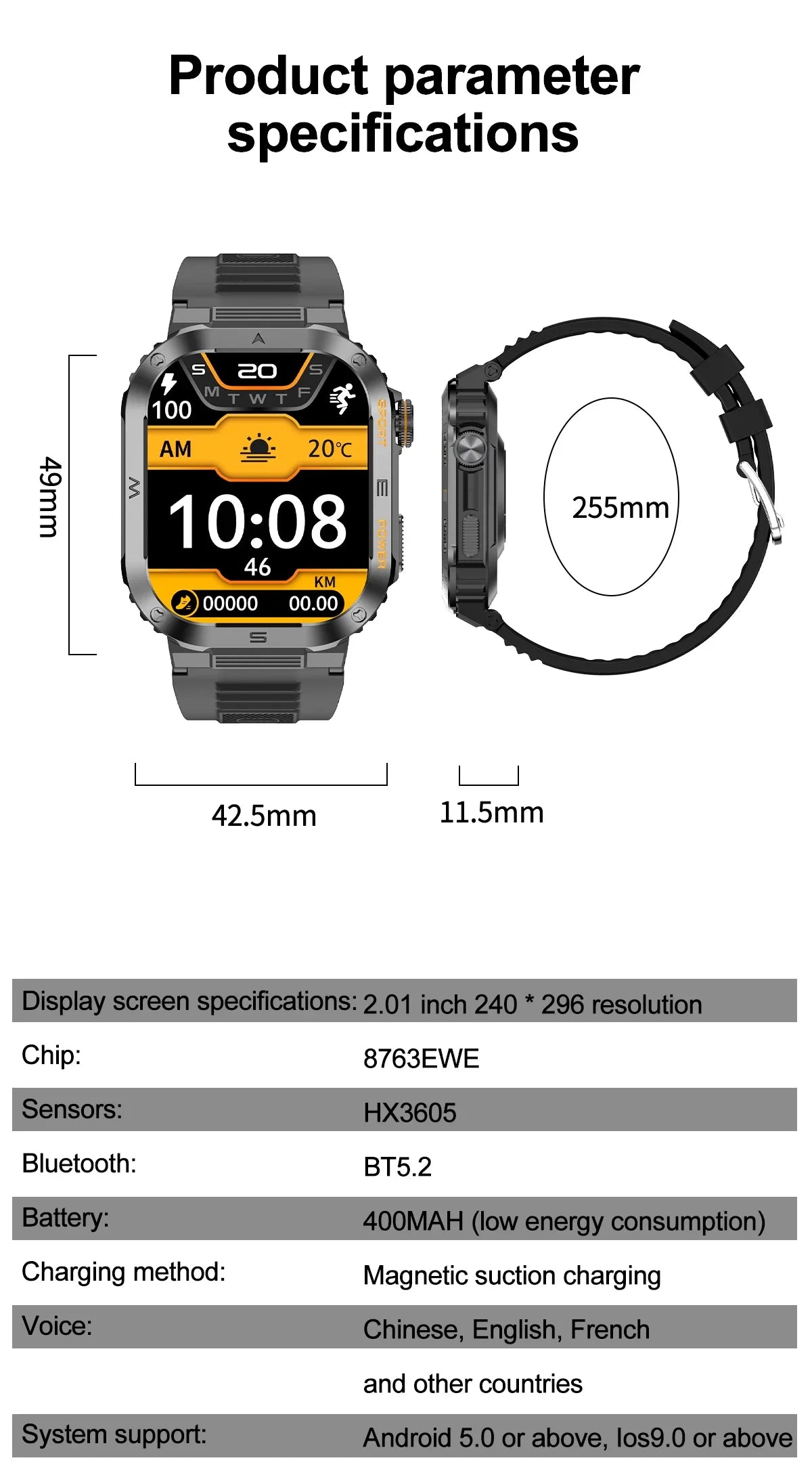 Smartwatch - Robust, IP68, Bluetooth, Fitnessfunktionen für Samsung Galaxy A-2