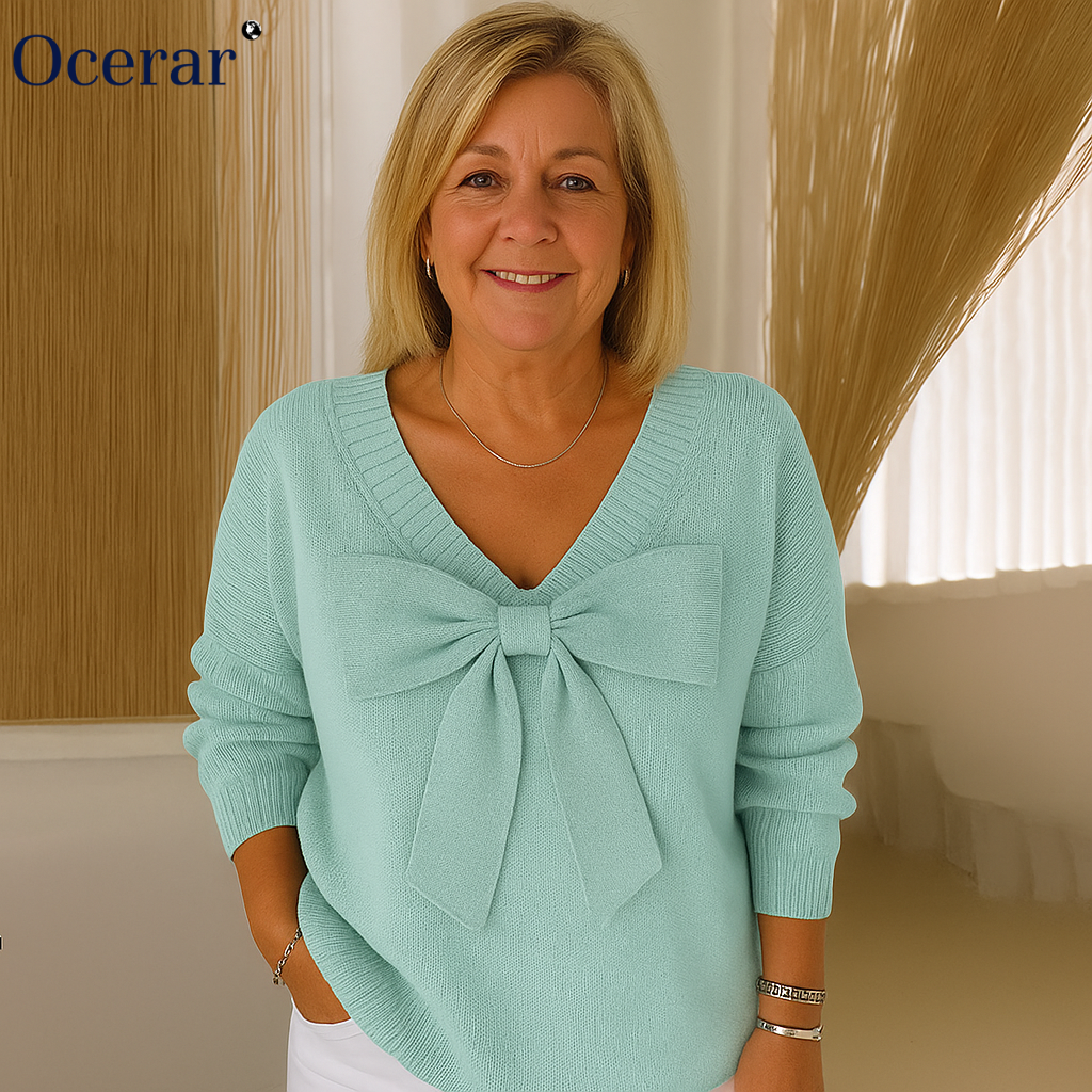 Sophia – Damen V-Ausschnitt Pullover mit Schleife | 50% RABATT