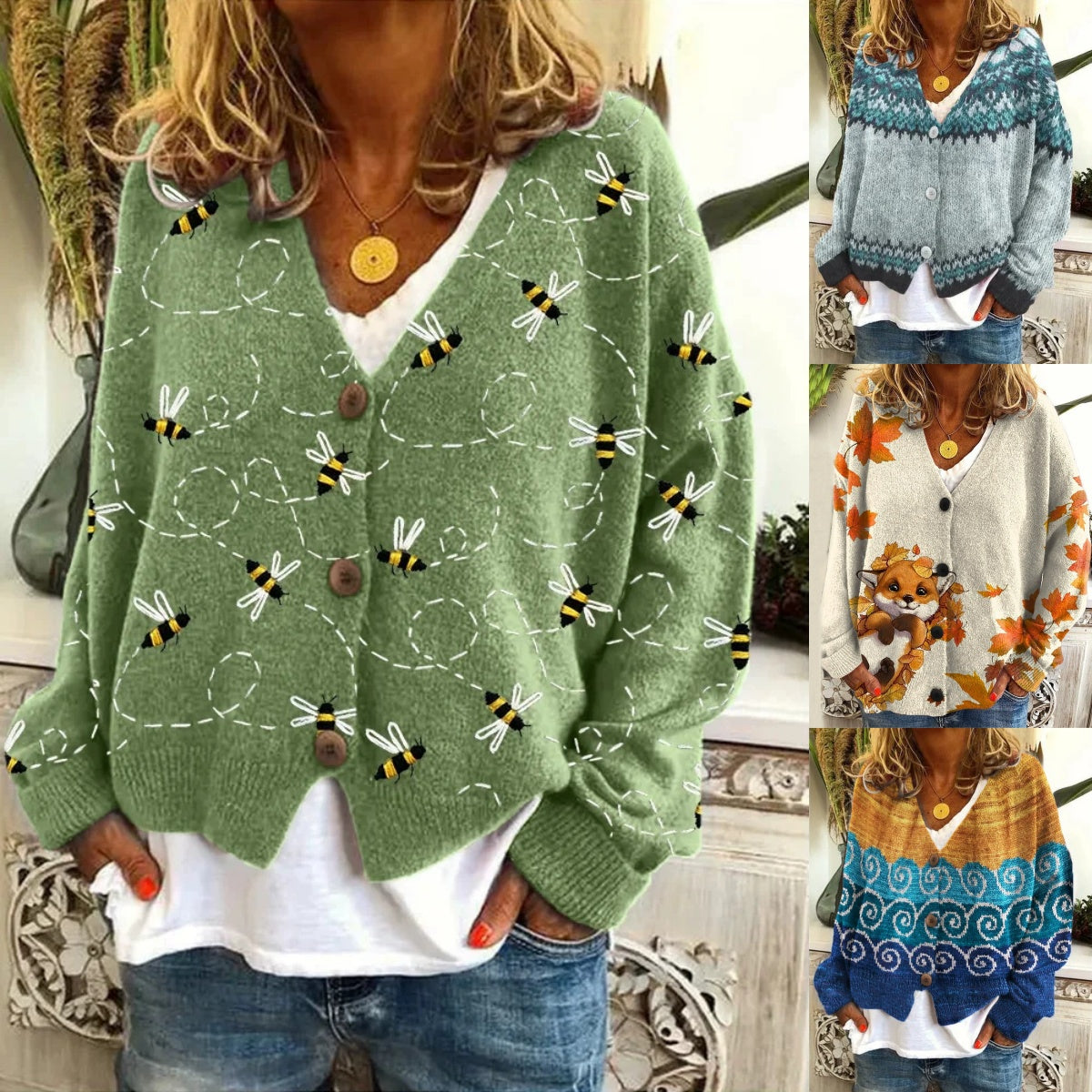 Knittella – Damen Strick-Cardigan mit Print & Knopfleiste