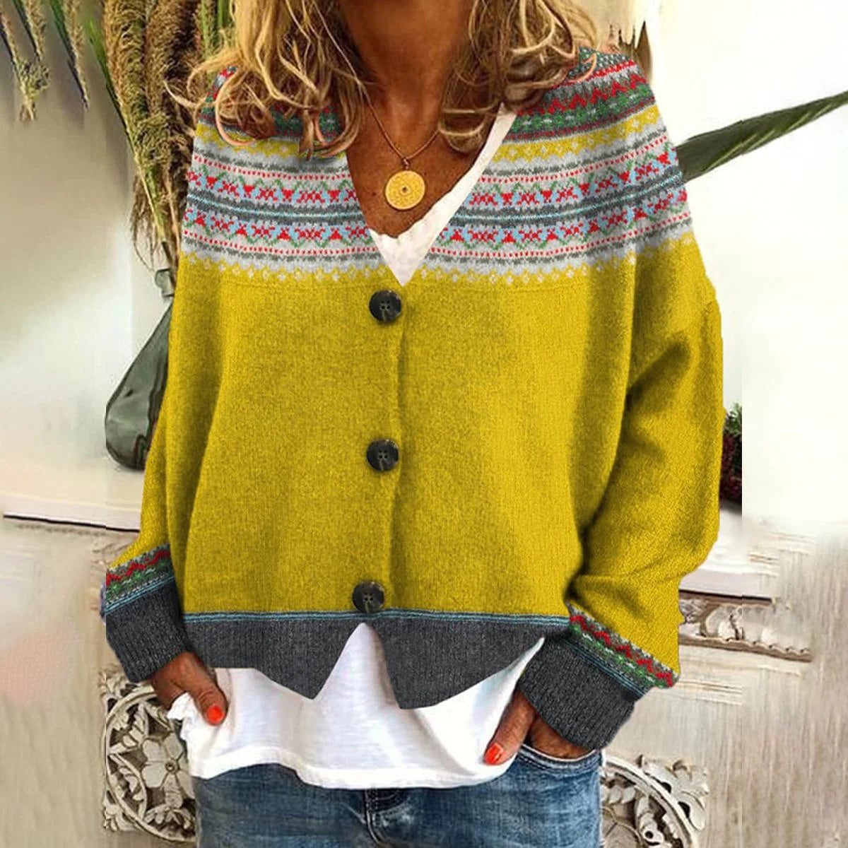 Knittella – Damen Strick-Cardigan mit Print & Knopfleiste