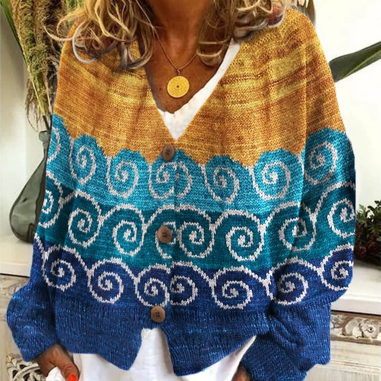 Knittella – Damen Strick-Cardigan mit Print & Knopfleiste