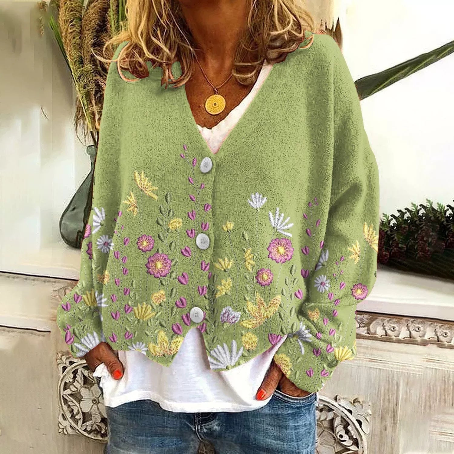 Knittella – Damen Strick-Cardigan mit Print & Knopfleiste
